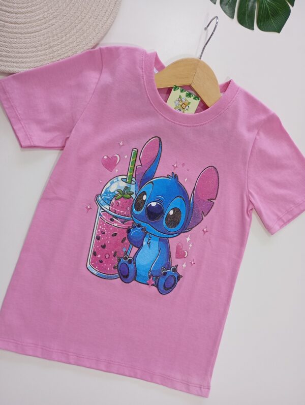 Remera Stitch Glitter Negra Rosa
